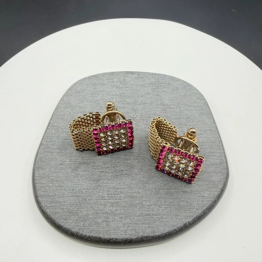 Gold Tone Pink Clear Rhinestone Square Wraparound Mesh Cufflinks Formal Jewelry